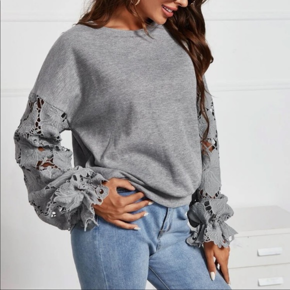 Boho Floral Sheer Lace Long Sleeve Drop Shoulder Top Blouse - Picture 5 of 5